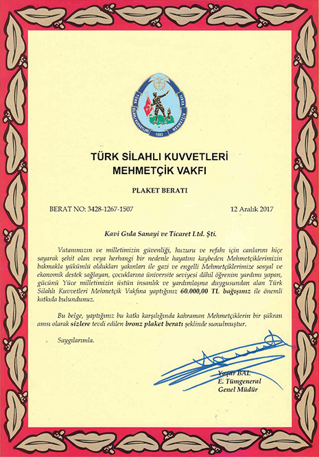 MEHMETÇİK VAKFI'NDAN KAVİ GIDA AİLESİNE TEŞEKKÜR PLAKETİ MEHMETÇİK VAKFI'NDAN KAVİ GIDA AİLESİNE TEŞEKKÜR PLAKETİ